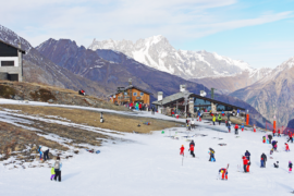 Extreme lack of snow for winter sports at La Thuile ski resort, Italy.