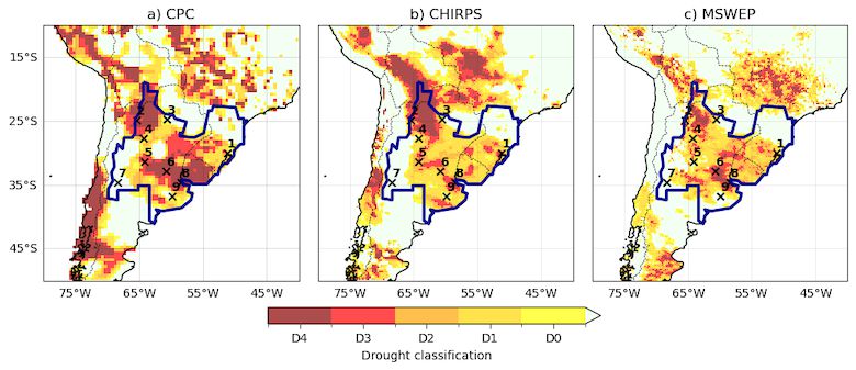 Three-month Standardised Precipitation Index for October-December 2022, relative to the 1980-2010 average, using three different datasets.