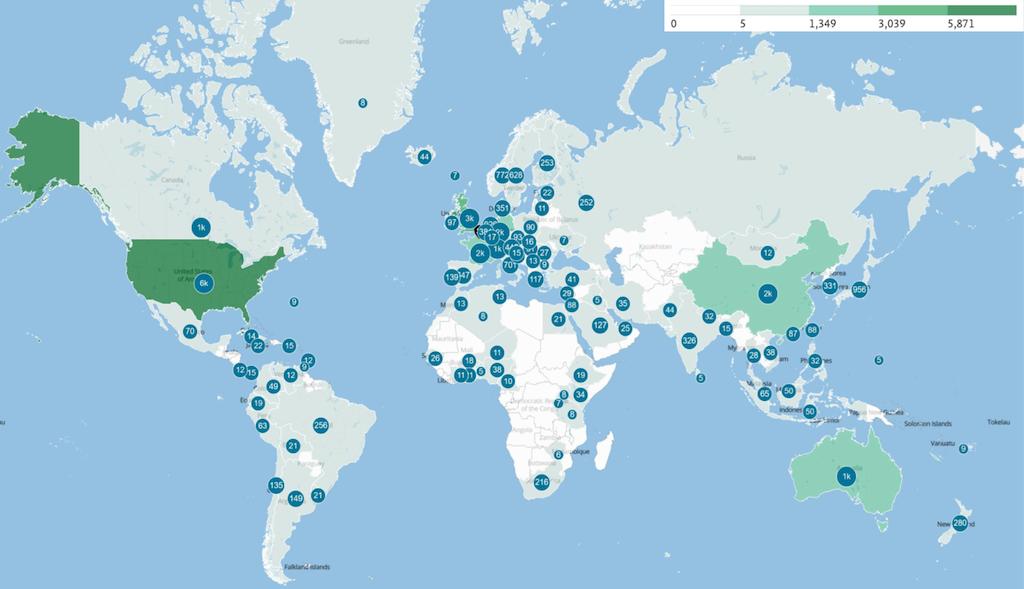 Country location of all the co-authors from the papers cited in the WG1 report that were published between 2011 and 2020.