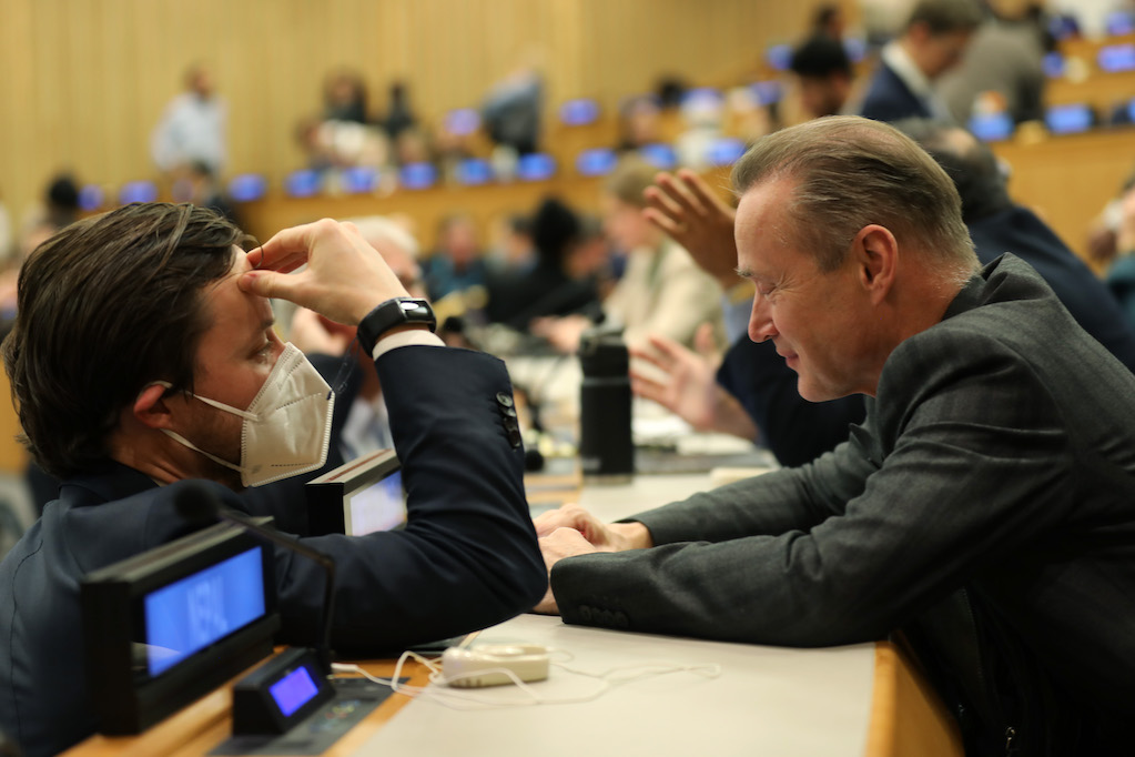 Roderick Harte, EU, with René Lefeber, the Netherlands during the resumed 5th Session of the Intergovernmental Conference on BBNJ.