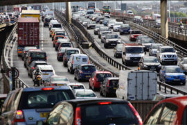 A traffic jam on the M8 Motorway and Kingston Bridge approach roads in Glasgow city centre, Scotland, UK.