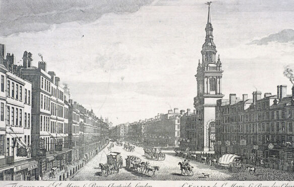 St Mary-le-Bow, London, 1757, by artist Thomas Bowles.