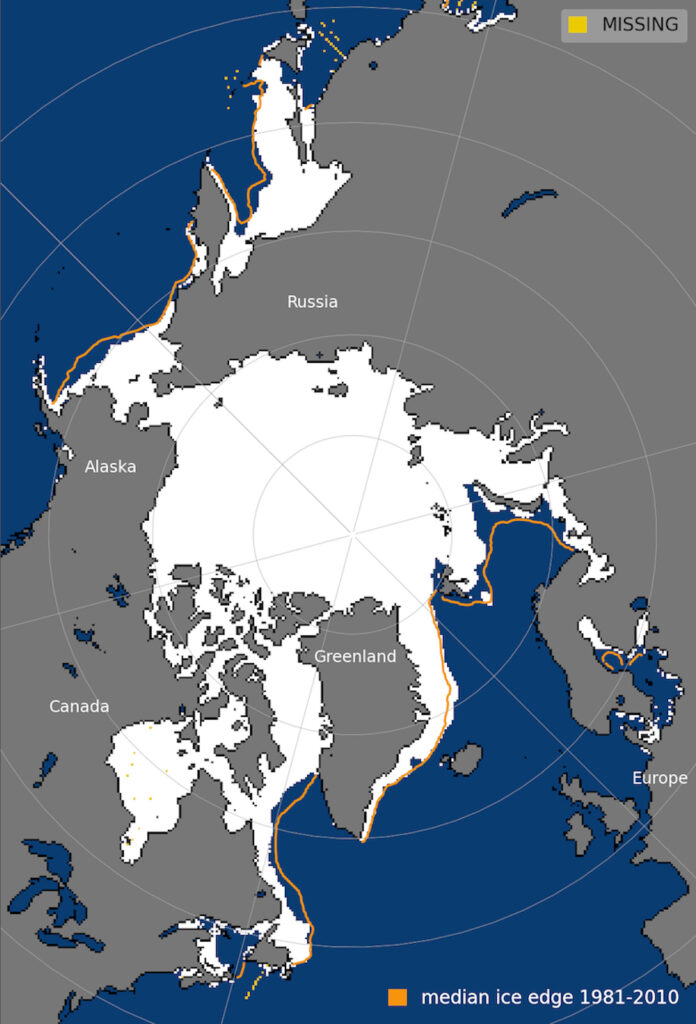 Arctic sea ice extent on 7 March. Median sea ice edge for 1981-2010 is shown in orange. Source: NSIDC.