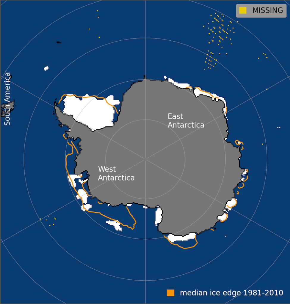 Antarctic sea ice extent, on 21 February 2023.