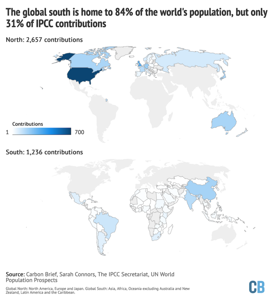 Number of authors from each country, across all IPCC reports included in this analysis. Darker numbers indicate more authors.