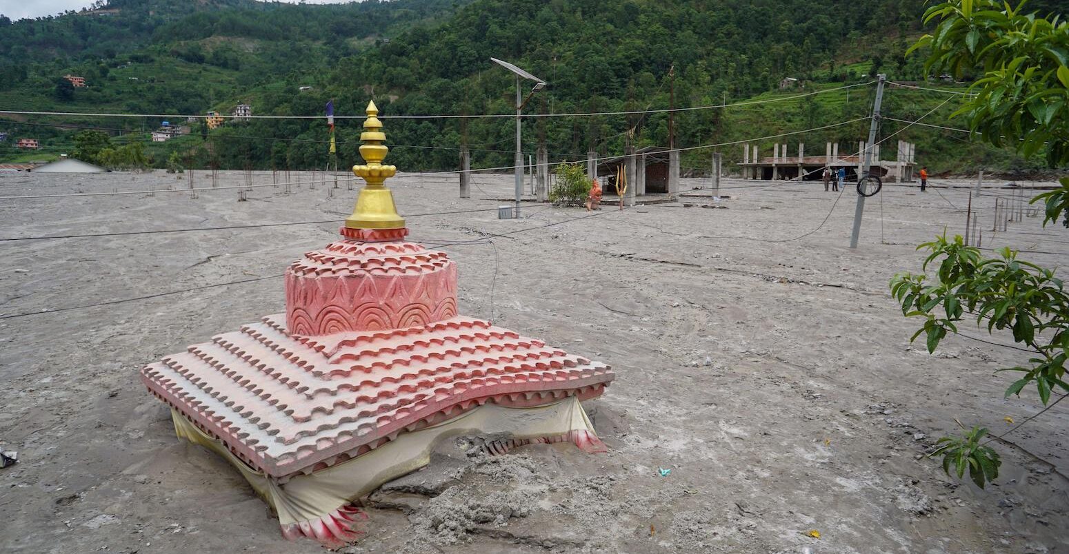 The remains of a flooded temple in Melamchi, Nepal on June 18, 2021.