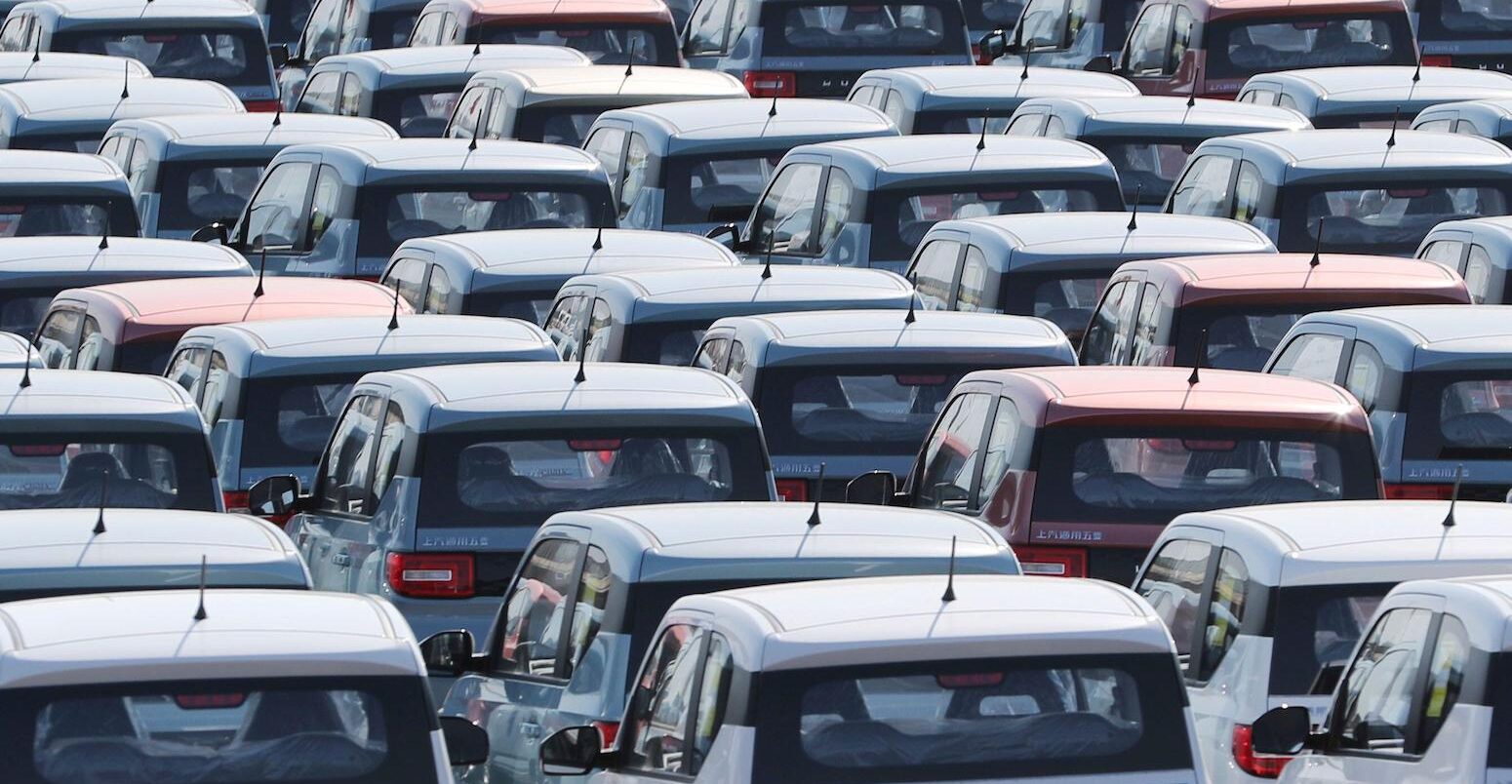 A view of the parking lot of new Wuling Hong Guang mini EVs in China, on 17 February 2021.