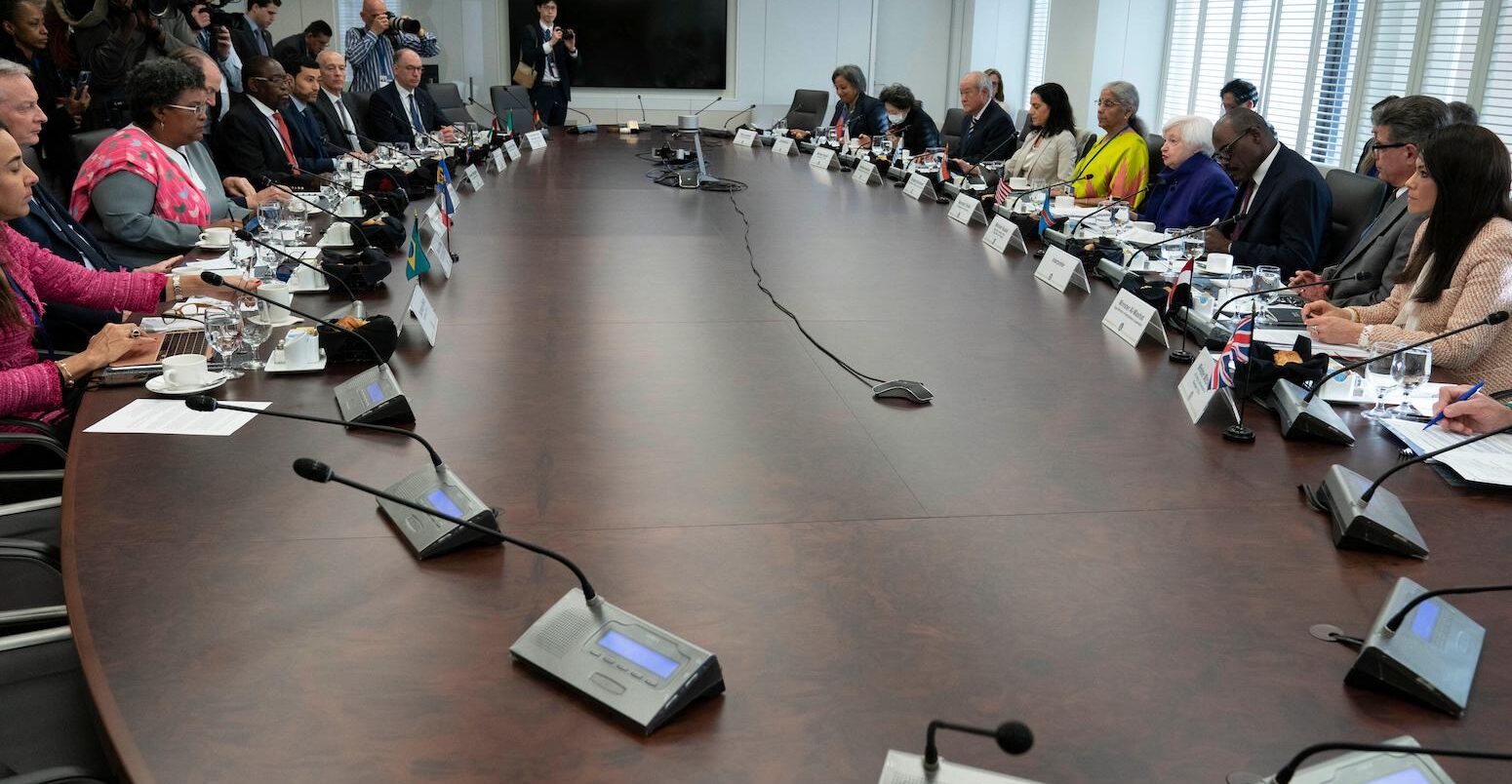 US Treasury Secretary Janet Yellen speaks during the World Bank/IMF Spring Meetings in Washington on 12 April 2023.