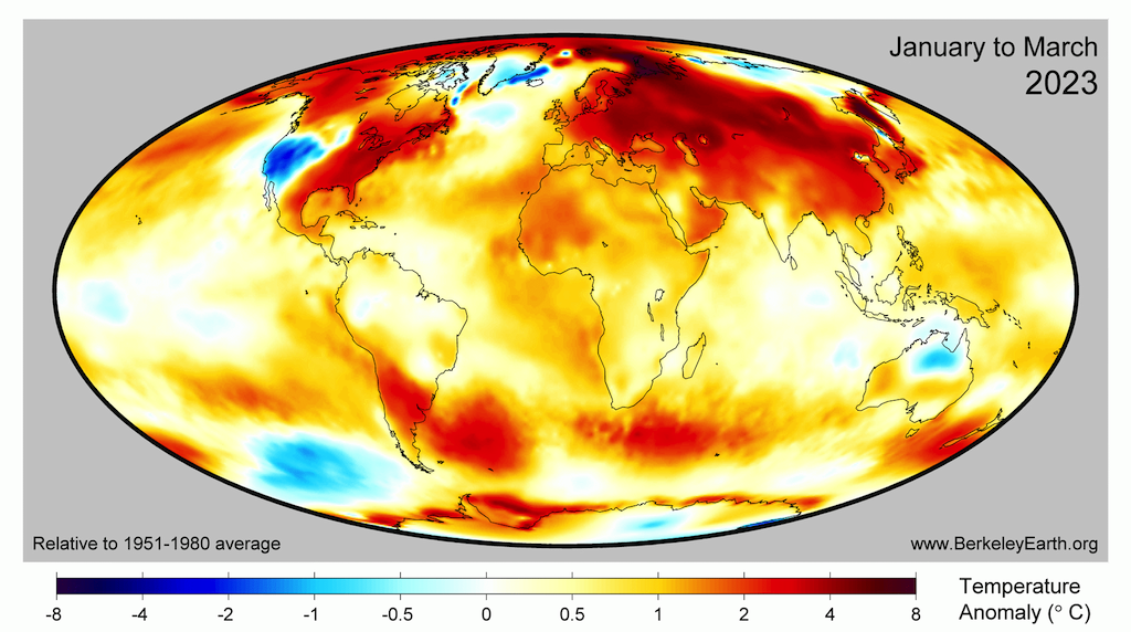 Global surface temperature anomalies for the first three months of 2023 compared to a 1951-1980 baseline period, taken from Berkeley Earth.