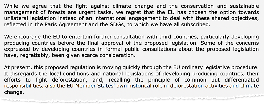 Letter to EU policymakers on the EU deforestation law, signed by 14 developing countries that are major commodity producers. 