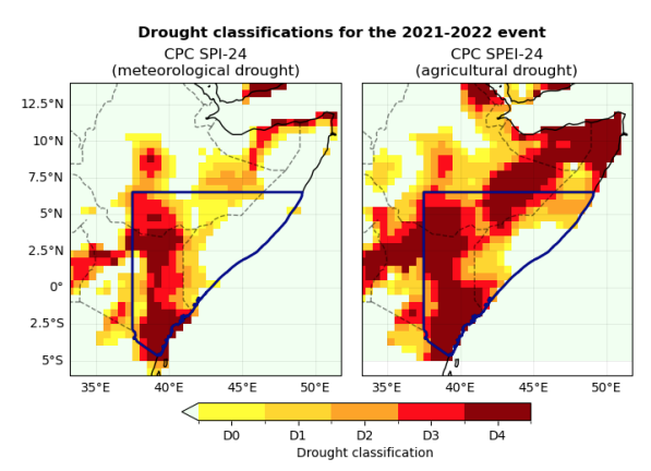 The extent of meteorological (left) and agricultural (right) drought over the Horn of Africa from 2021-2022, with D4 representing “exceptional” drought. 