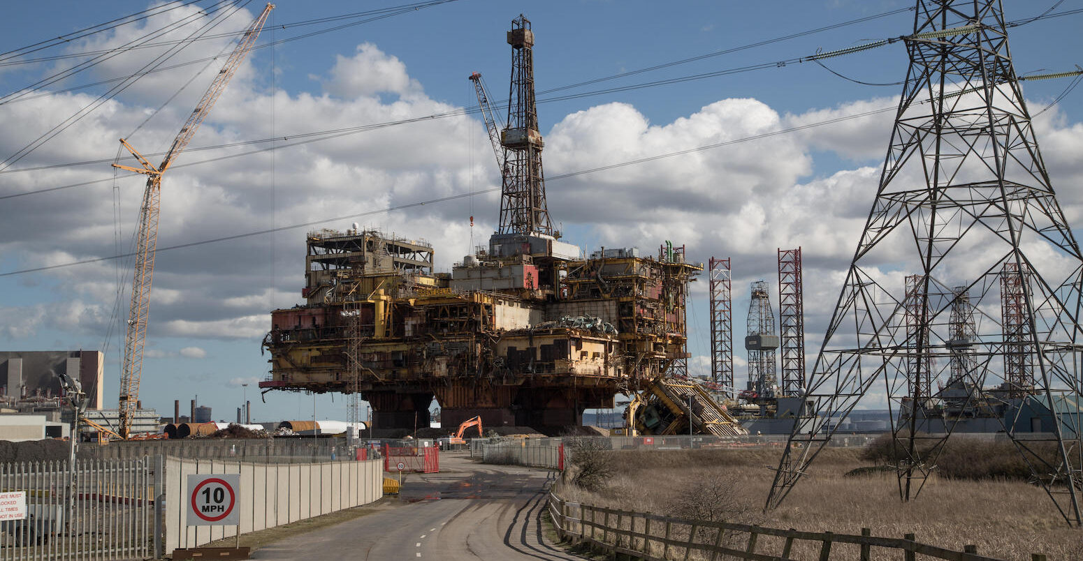 Brent Delta oil platform being dismantled at Seaton Port, United Kingdom, on 5 April 2018.