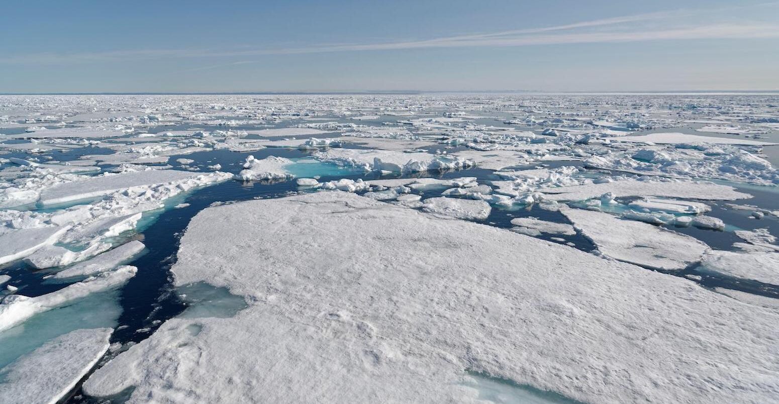 Broken pieces of Arctic sea ice north of Svalbard, Norway.