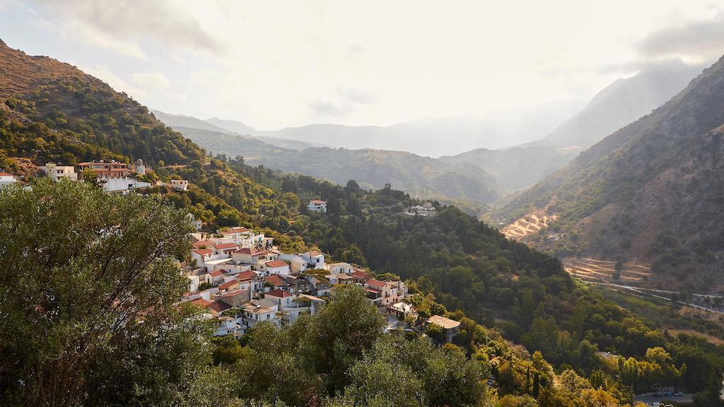 Aerial view of a village surrounded by forest in Crete, Greece.