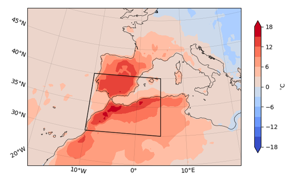 Maximum daily temperature anomaly with respect to 1991-2020, averaged over 26-28 April 2023, using ERA5 data. 