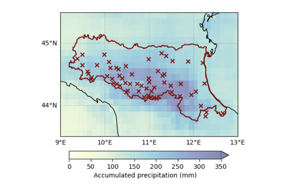 Accumulated precipitation from 1-21 May in the Emilia-Romagna region of Italy (outlined in dark red), ranging from a scale of 0-350mm.