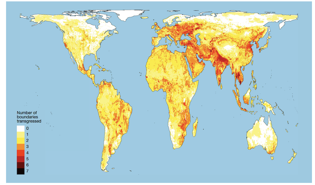 The number of Earth-system boundaries already breached in different regions, with lighter colours indicating fewer boundaries passed and darker colours indicating more thresholds exceeded.