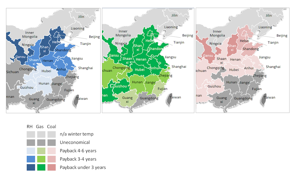 Payback period for heat pump versus resistance heating (RH), gas heating and coal heating by province. 