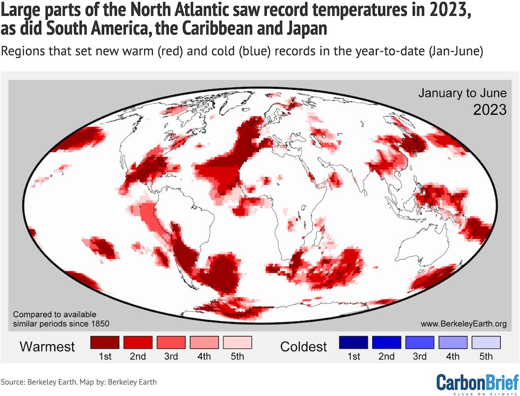 Map of year-to-date (January-June) regions that set new records (warmest through to fifth warmest). Note that no regions set cold records for the year-to-date in 2023. 