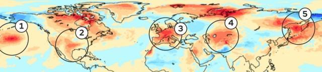 Surface temperature anomalies for the week commencing 18 July 2022, with red indicating higher temperatures. 