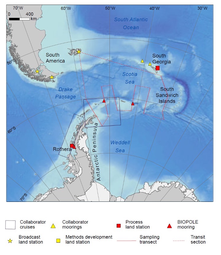 The journey that the Sir David Attenborough will take in the Southern Ocean when conducting BIOPOLE fieldwork from November to December 2023.