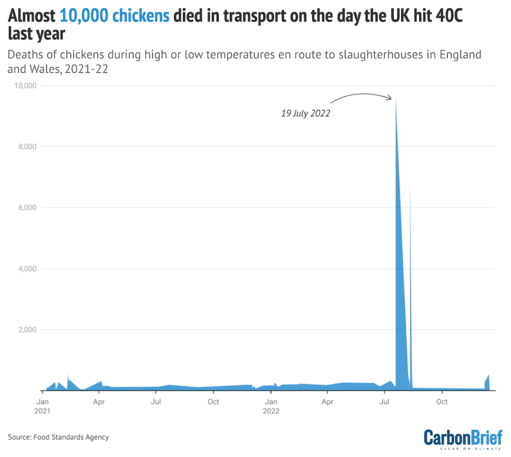 Deaths of broiler chickens due to heat stress or hypothermia in transport to slaughterhouses in England and Wales, 2021-22.