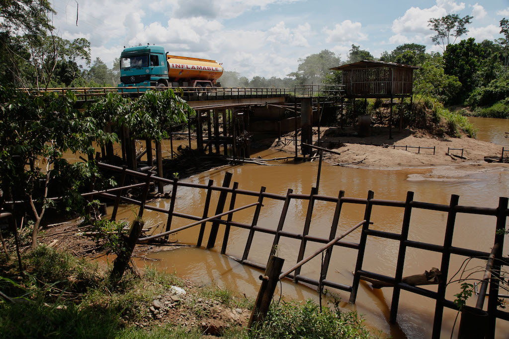 Oil tanker in the Yasuni National Park, Amazon, Ecuador. 