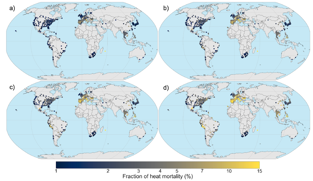 Heat-related mortality as a percentage of total deaths under 1-in-100 year events for the climates of 2000 (top left), 2020 (top right), 1.5C warming (bottom left) and 2C warming (bottom right). Source: Lüthi et al (2023)