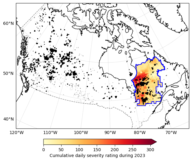 Black dots mark active fires within Canada over January-July 2023, while circles indicate smaller fires.