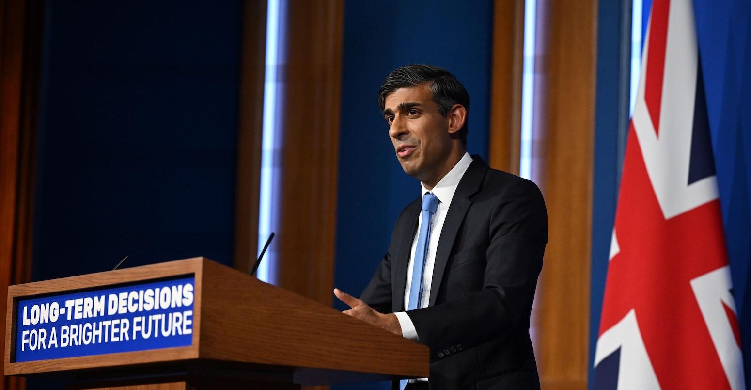 UK Prime Minister Rishi Sunak delivers a speech on net-zero commitments at 10 Downing Street on 20 September 2023.