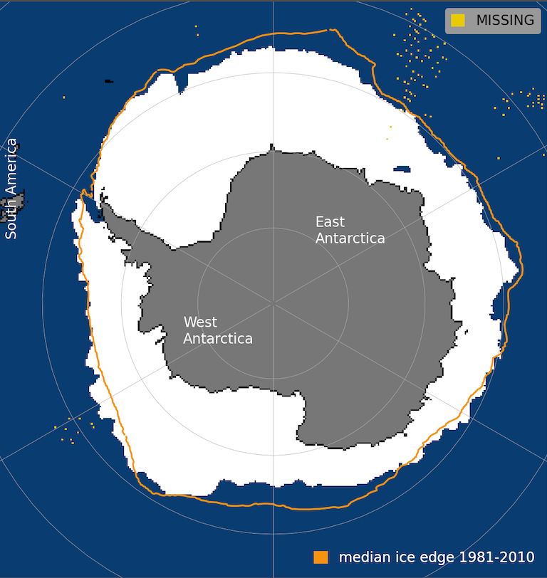 Antarctic sea ice extent on 10 September. Median sea ice edge for 1981-2010 is shown in orange.