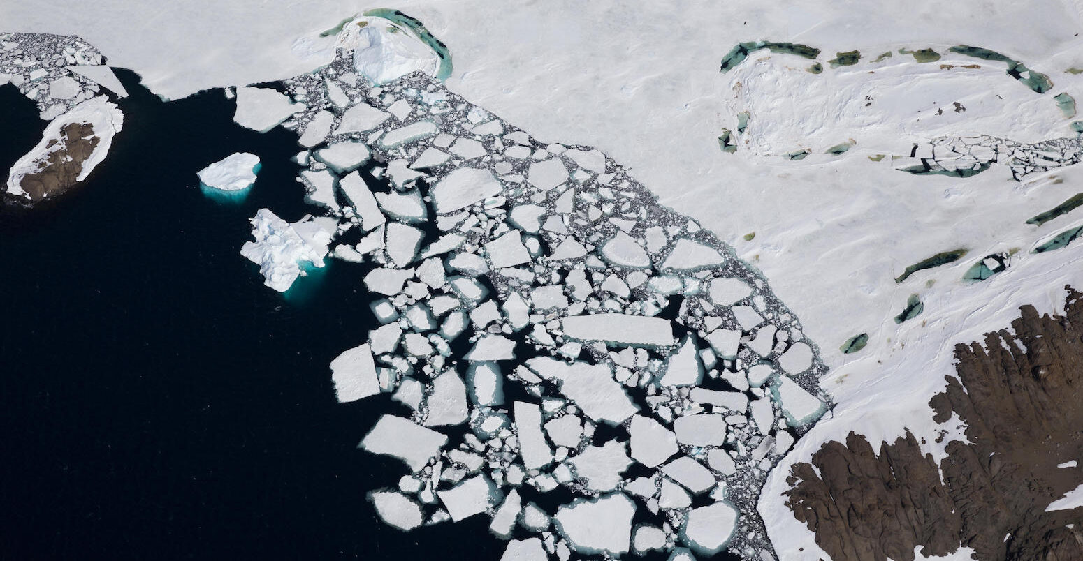 Floating ice breaking away from Holl Island, Antarctica.