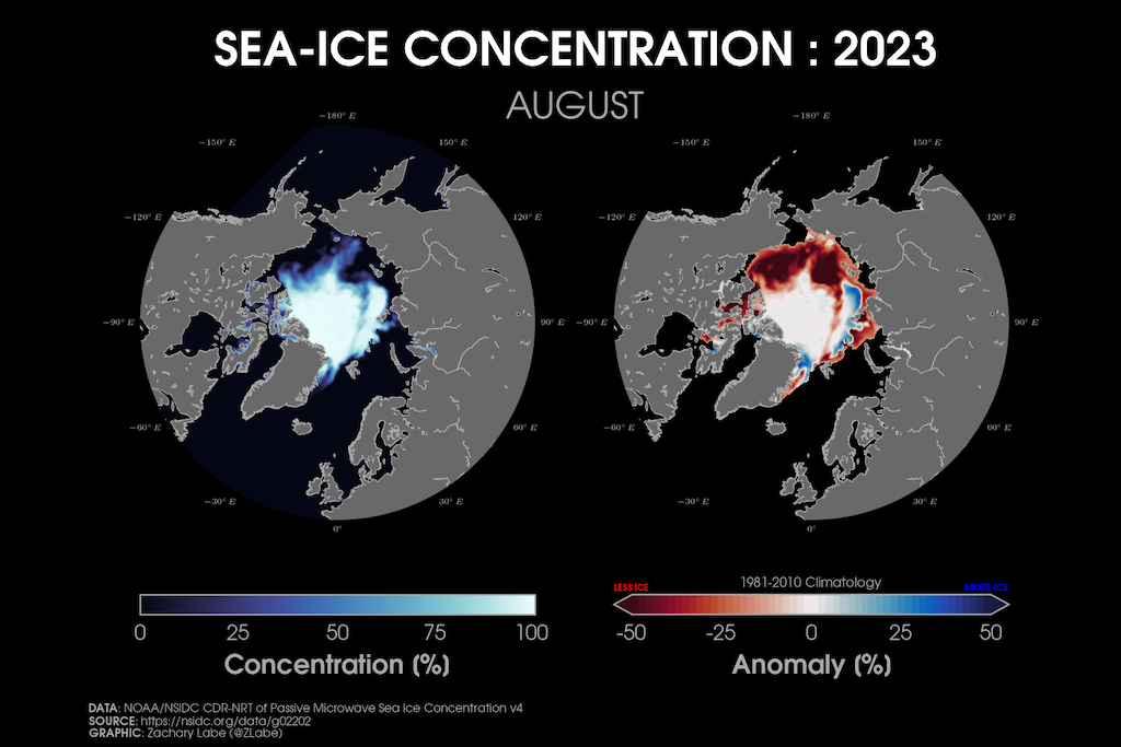 Arctic sea ice concentration during August 2023.