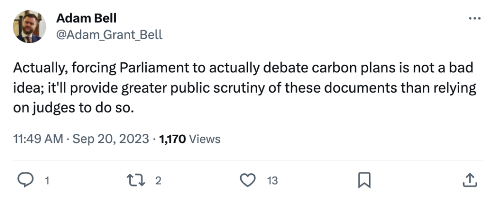 Adam Bell says: "Actually, forcing Parliament to actually debate carbon plans is not a bad idea; it'll provide greater public scrutiny of these documents than relying on judges to do so."