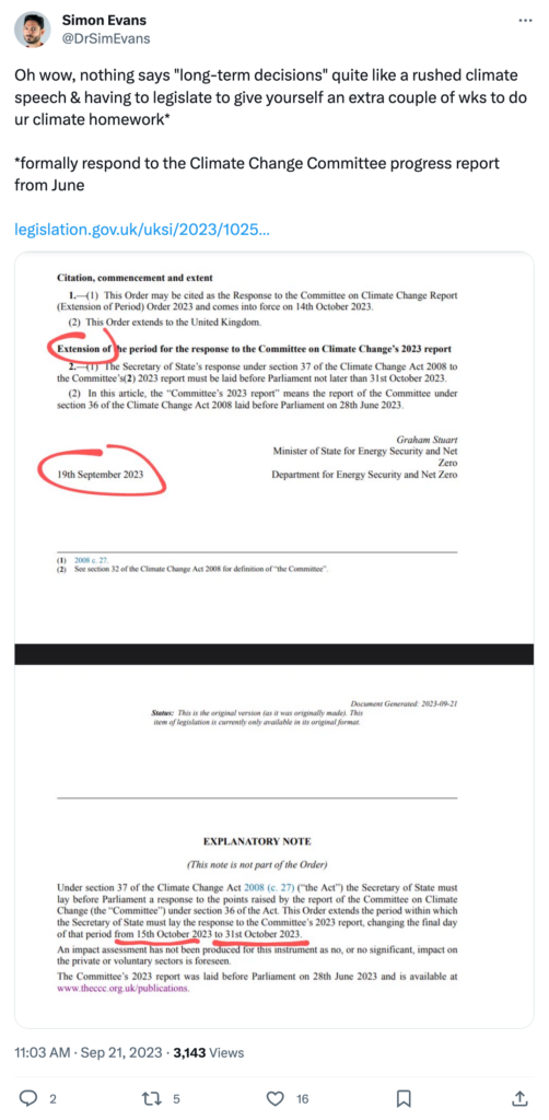 Simon Evans says: "Oh wow, nothing says "long-term decisions" quite like a rushed climate speech & having to legislate to give yourself an extra couple of wks to do ur climate homework*