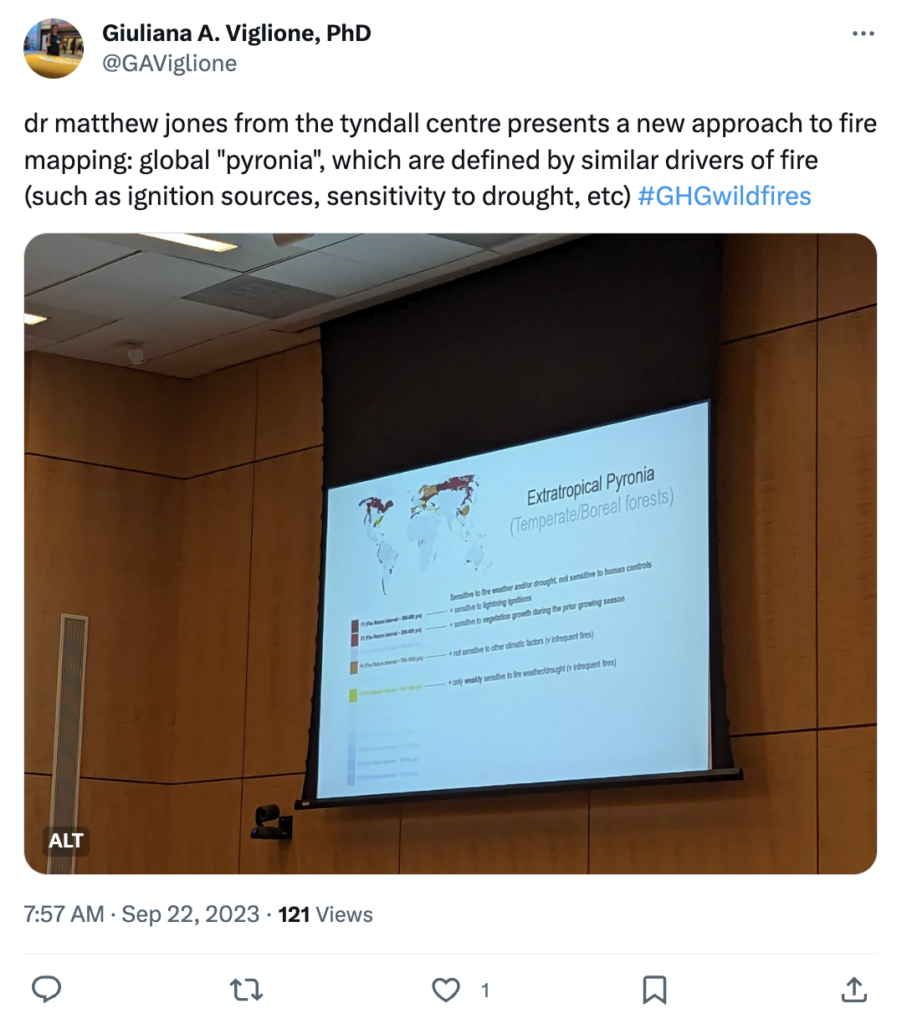 Giuliana A. Viglione says: "dr matthew jones from the tyndall centre presents a new approach to fire mapping: global "pyronia", which are defined by similar drivers of fire (such as ignition sources, sensitivity to drought, etc)"