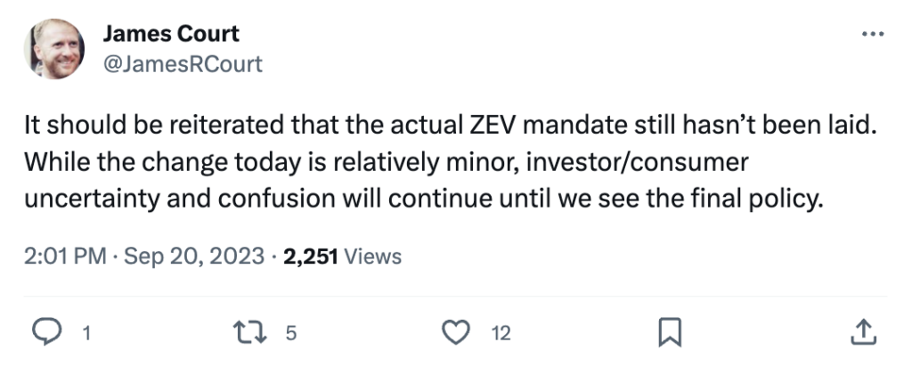 James Court says: "It should be reiterated that the actual ZEV mandate still hasn’t been laid. While the change today is relatively minor, investor/consumer uncertainty and confusion will continue until we see the final policy."