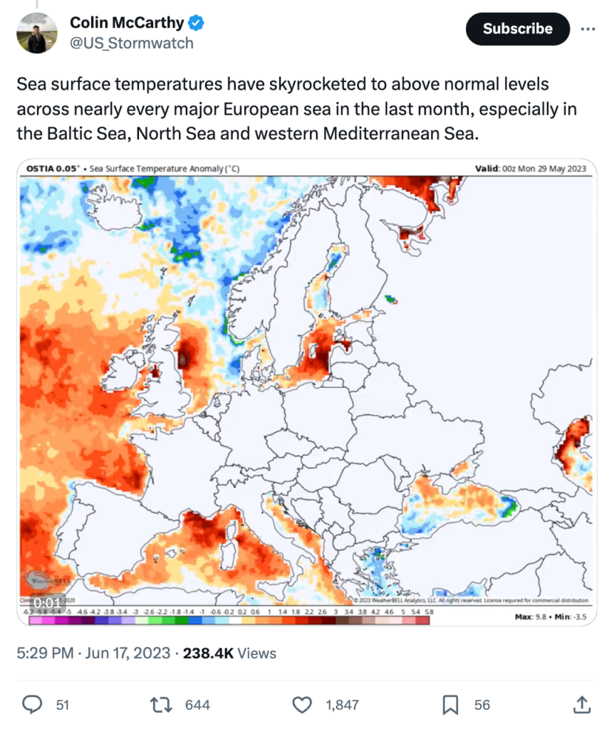  Colin McCarthy says: Sea surface temperatures have skyrocketed to above normal levels across nearly every major European sea in the last month, especially in the Baltic Sea, North Sea and western Mediterranean Sea.