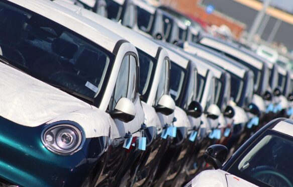 Close up of newly imported Chinese electric cars, awaiting UK distribution.