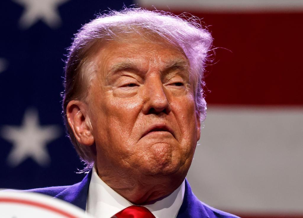 Former US President Donald J. Trump speaks at the 2023 Republican Party of Iowa Lincoln Dinner in Des Moines, Iowa.