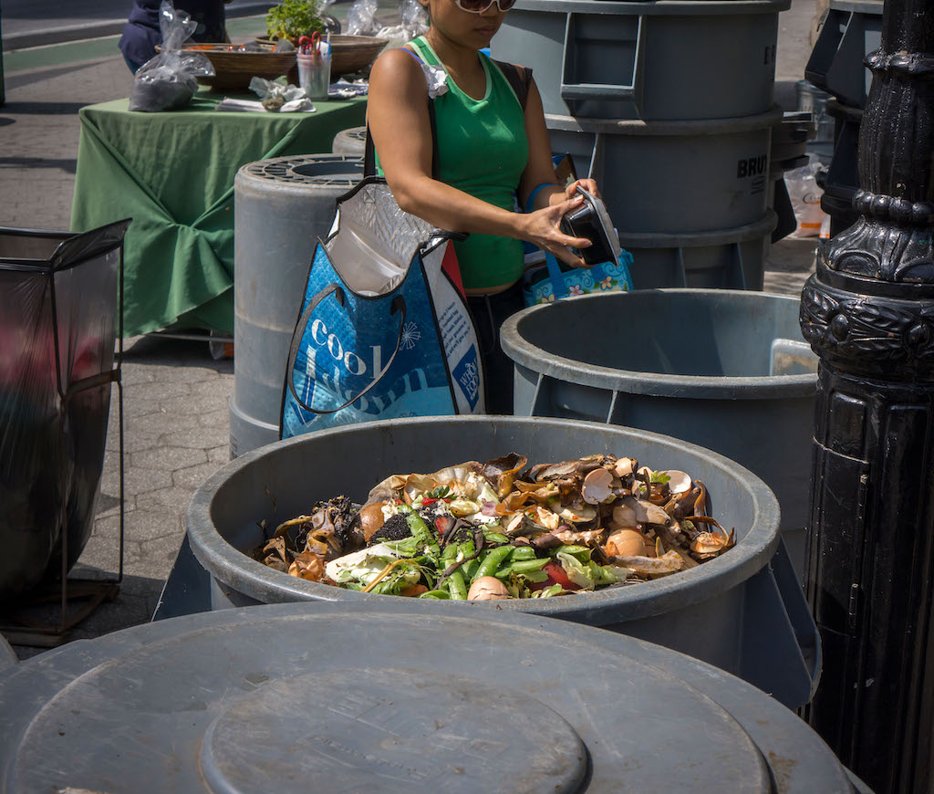 Compost Collection at the Greenmarket in Union Square in New York. Image ID: D9REGW.