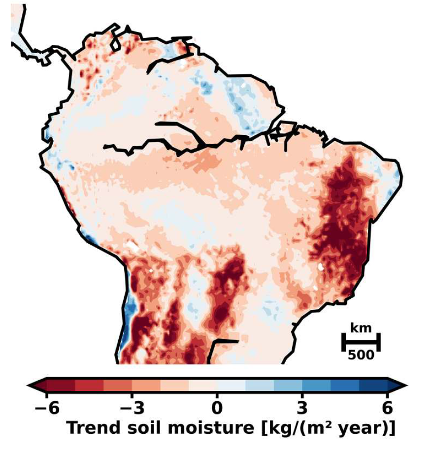 Change in soil moisture, in kilogram per metre squared per year, over 1979-2019 from ERA5 reanalysis data.