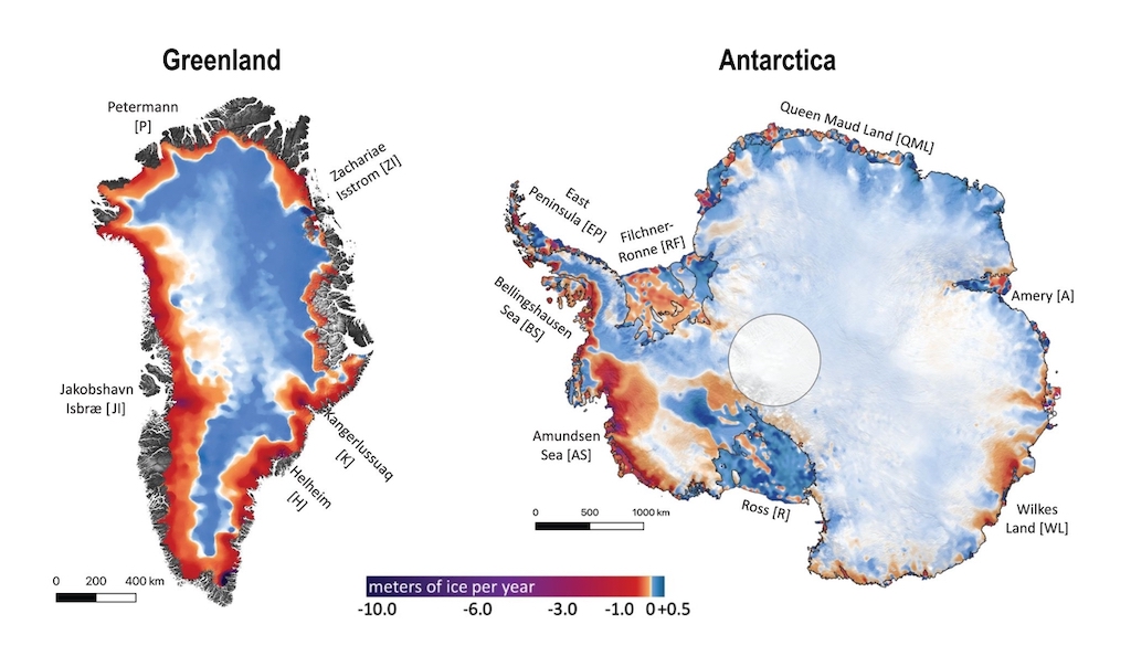 Mass change for Greenland (left) and Antarctica (right) over 2003-19 in metres of ice equivalent per year. The shading indicates gain (blue) and loss (red/purple) of ice. Source: International Cryosphere Climate Initiative (2023) / Smith et al. (2020)