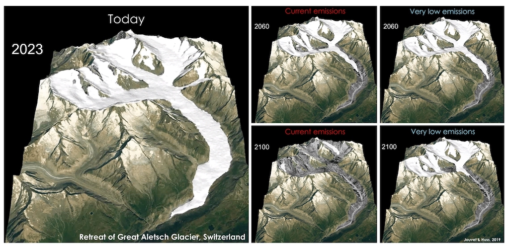 Retreat of the Great Aletsch Glacier in Switzerland by mid-century and the end of the century under current and very low emissions scenarios. Credit: International Cryosphere Climate Initiative (2023) / Matthias Huss