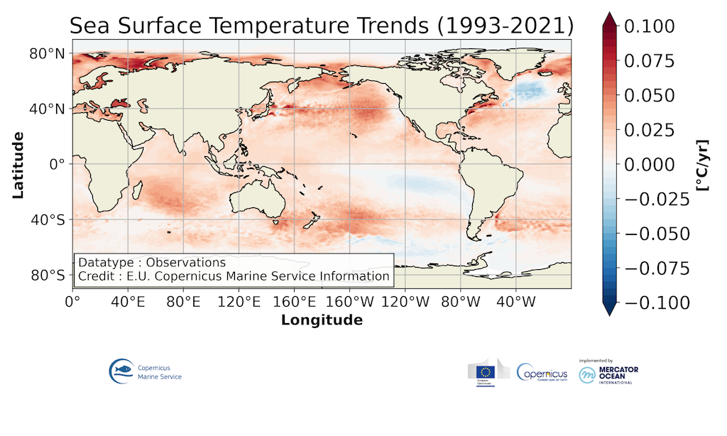 Change in sea surface temperature over 1993-2021, where shading indicates warming (red), cooling (blue) or insufficient data (white). Source: International Cryosphere Climate Initiative (2023) / EU Copernicus Marine Service Information