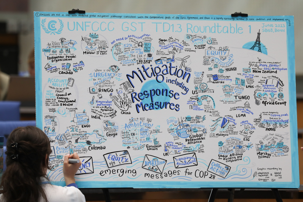As a technical dialogue on the Global Stocktake (GST) continued, core messages were recorded graphically, 7 June 2023. Credit: Photo by IISD/ENB | Kiara Worth.