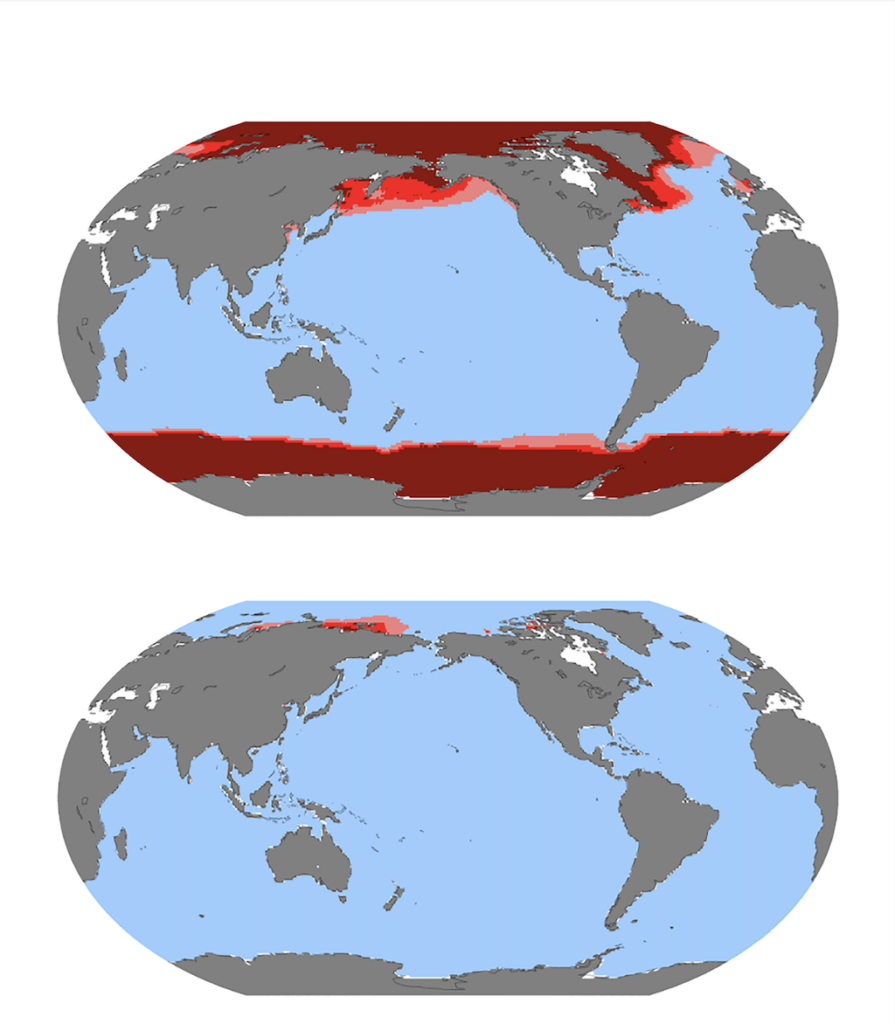 Ocean acidification in a world that is 3-4C (top) and 1.5C (bottom) warmer at the end of the century. Source: International Cryosphere Climate Initiative (2023) / IPCC (2019).