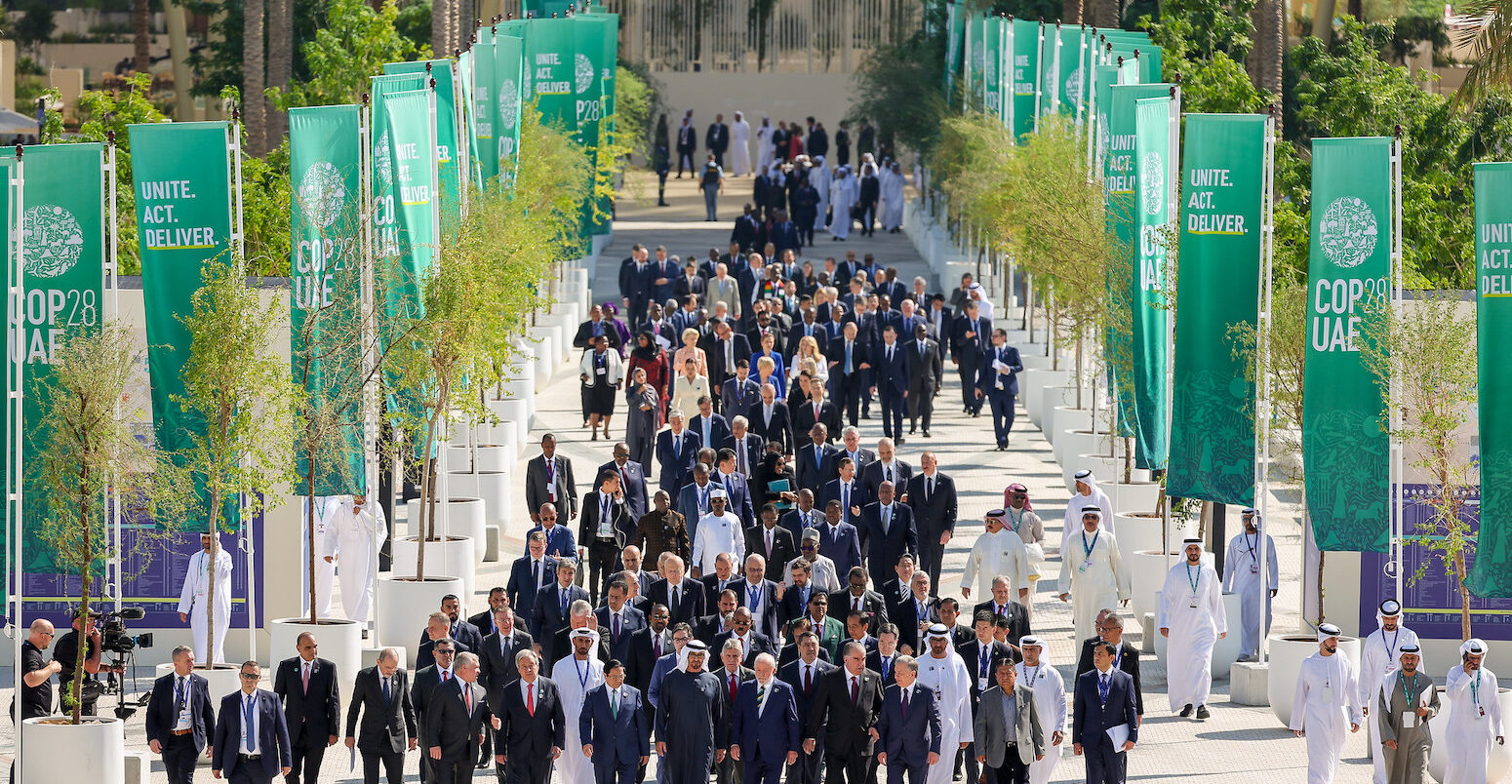 World Heads of States walk down Al Wasl avenue after their group photo during the UN Climate Change Conference COP28 at Expo City Dubai on December 1, 2023, in Dubai, United Arab Emirates.
