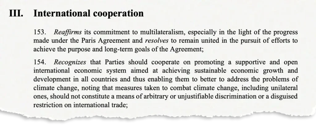 The global stocktake included language from Article 3.5 of the UN Framework Convention on Climate that touches upon “unilateral” measures.