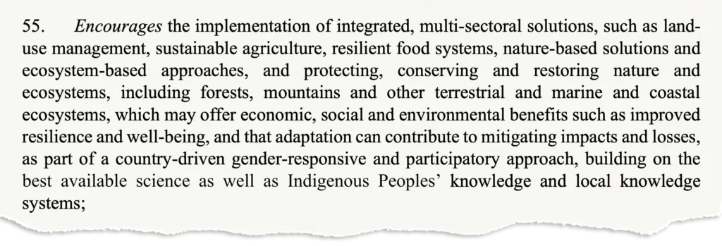 55. Encourages the implementation of integrated, multi-sectoral solutions, such as landuse management, sustainable agriculture, resilient food systems, nature-based solutions and ecosystem-based approaches, and protecting, conserving and restoring nature and ecosystems, including forests, mountains and other terrestrial and marine and coastal ecosystems, which may offer economic, social and environmental benefits such as improved resilience and well-being, and that adaptation can contribute to mitigating impacts and losses, as part of a country-driven gender-responsive and participatory approach, building on the best available science as well as Indigenous Peoples’ knowledge and local knowledge systems;